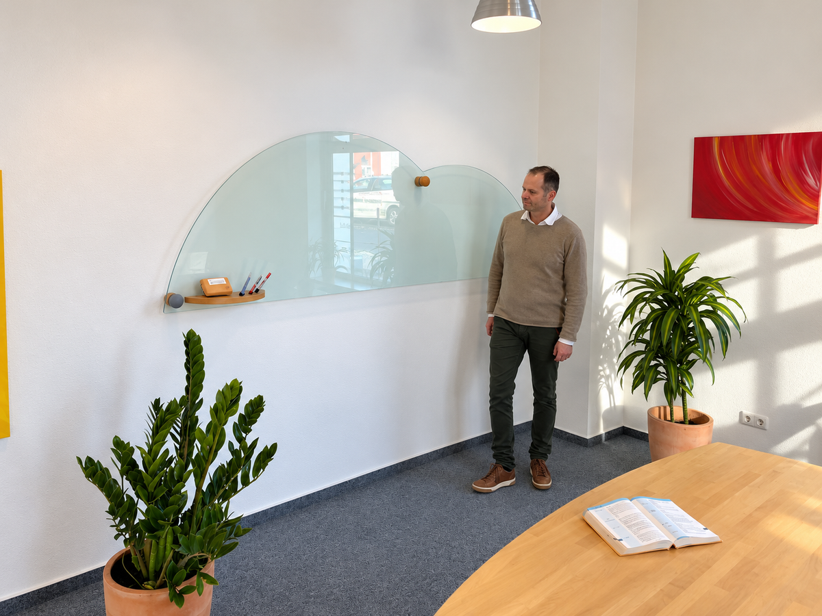 Arbeitsplatz mit Schreibtisch, Laptop und Sideboard in einem SchoolMate-Standort – Aufnahme aus früheren Jahren.