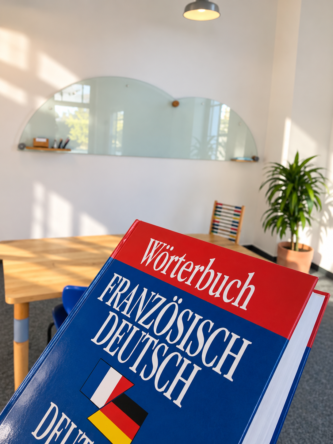 Wörterbuch Französisch–Deutsch auf einem Lerntisch, dahinter der Unterrichtsraum