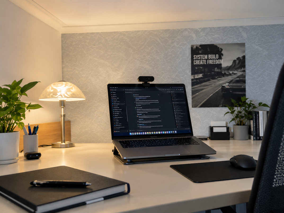 Aufgeklappter Laptop mit Webcam auf einem aufgeräumten Schreibtisch, daneben Notizbuch und Lampe