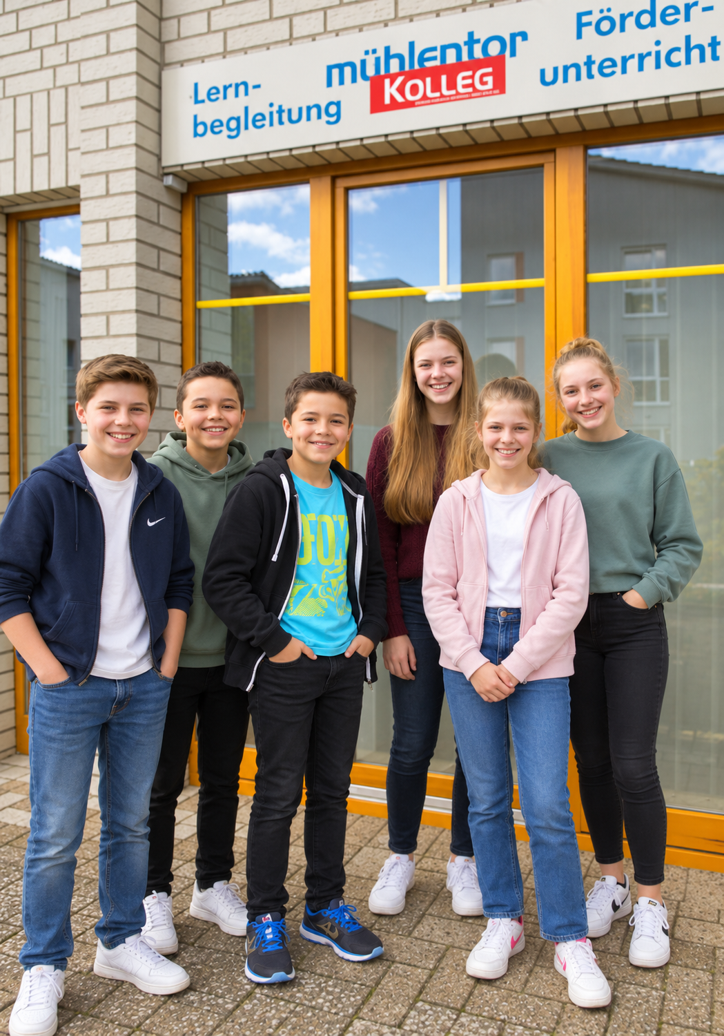 Empfangstheke mit einem Aufsteller zur individuellen Schulförderung und Pflanzen – Aufnahme aus früheren Jahren von SchoolMate.
